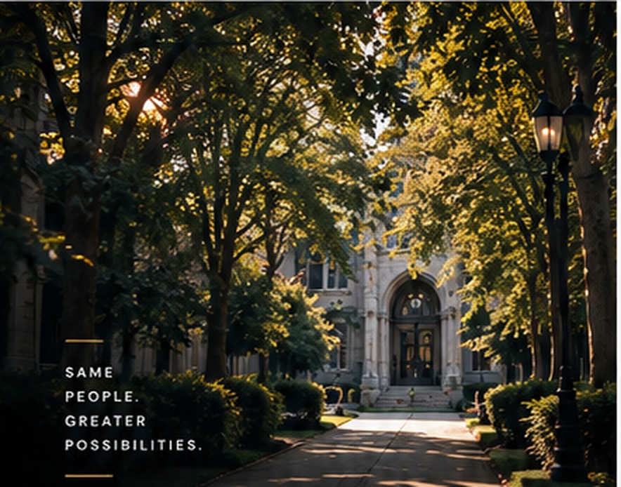 Tree-lined campus path leading to a historic school building